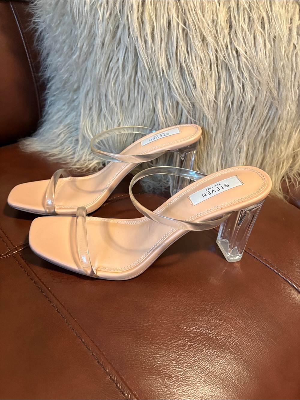 Steven New York Nude Clear-Strap Block Heel Mules 9.5